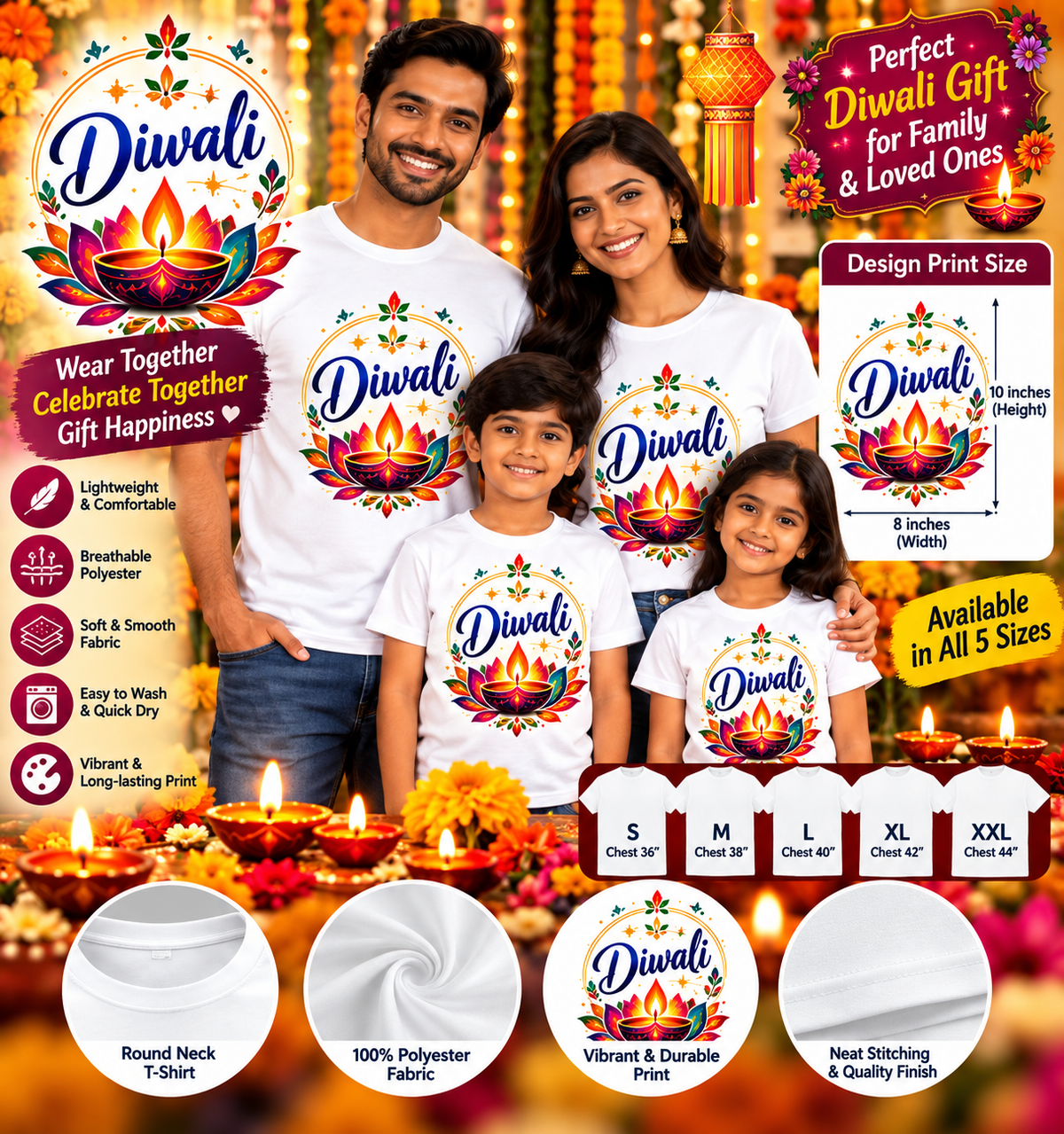 Diwali Lotus Diya Glow Printed T-Shirt – White-IMAGE1