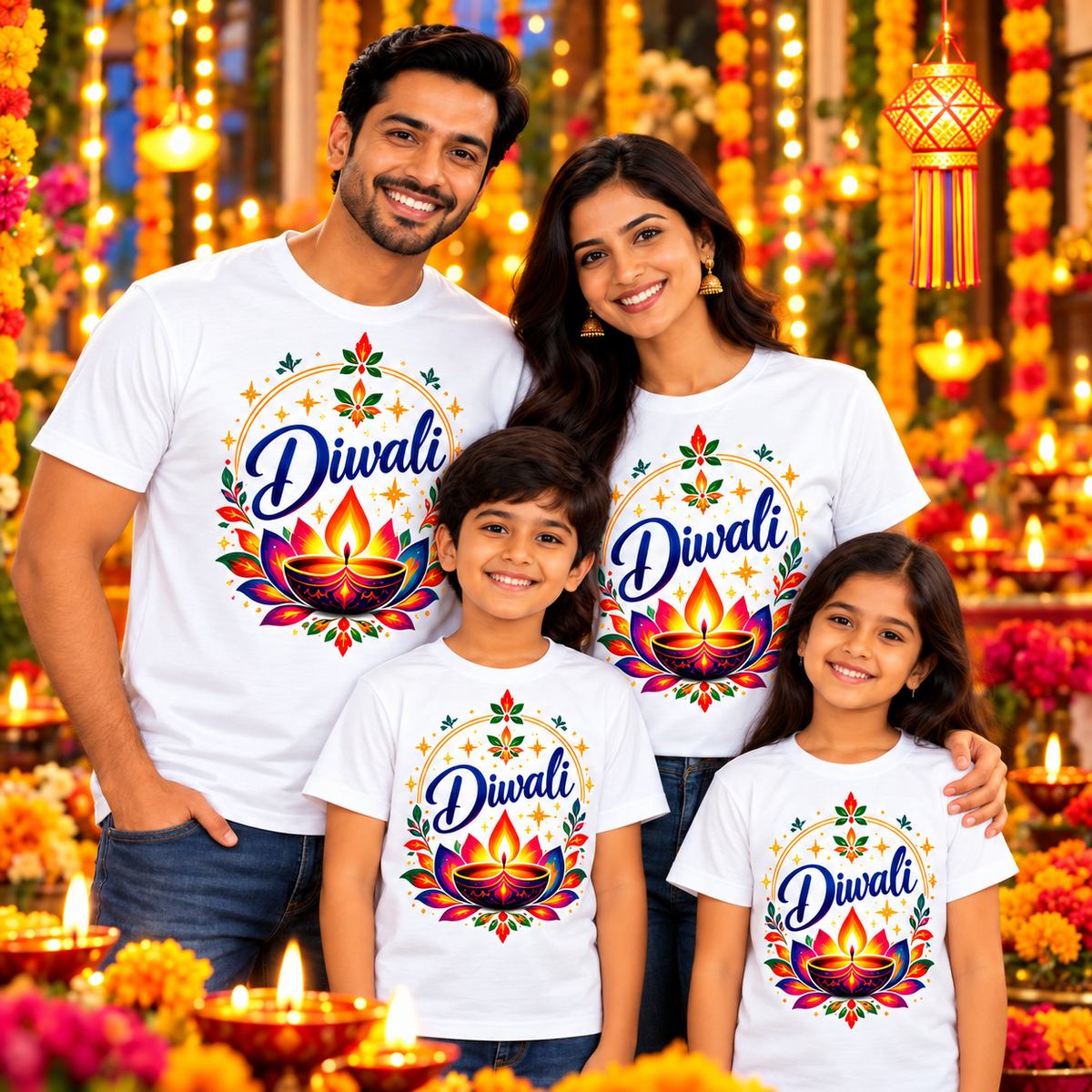 Diwali Lotus Diya Glow Printed T-Shirt – White-IMAGE3
