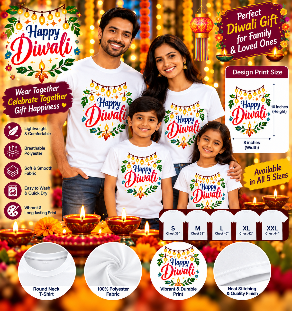 Elegant Diwali Lanterns Printed T-Shirt – White