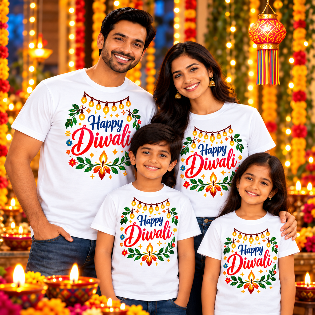 Elegant Diwali Lanterns Printed T-Shirt – White