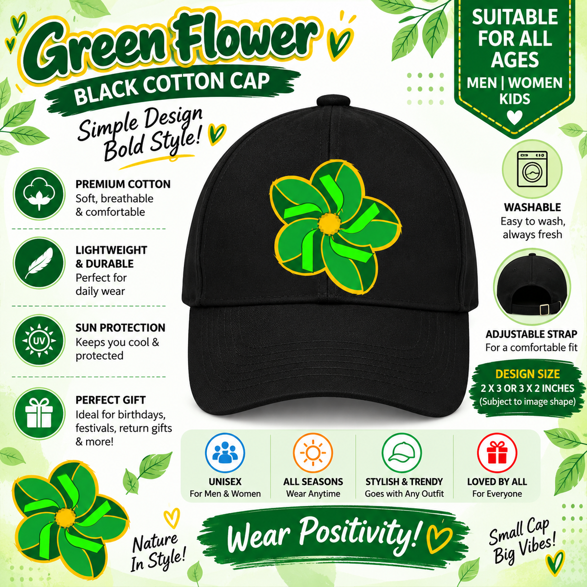 Green Flower Positivity Black Cap Pure Cotton-001-image1