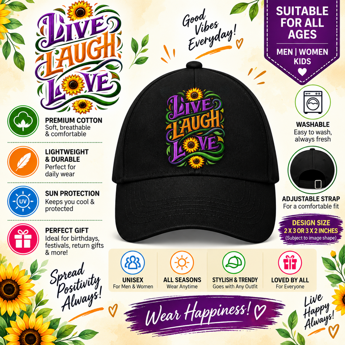 Live Laugh Love Black Cap Pure Cotton-001-image